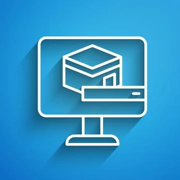 White line Kaaba mosque icon isolated on blue background. Kaaba hajj Mecca .. Stock Illustration