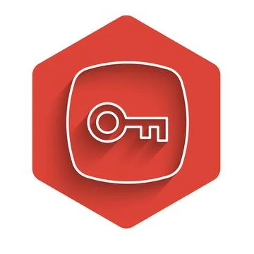 White line Key icon isolated with long shadow. Red hexagon button. Vector Stock Illustration
