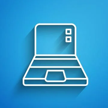 White line Laptop icon isolated on blue background. Computer notebook with empty Stock Illustration
