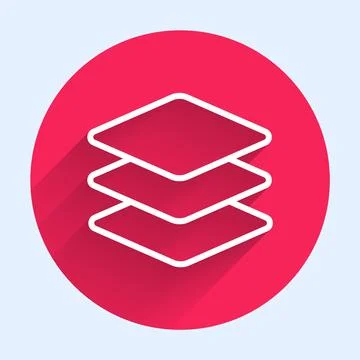 White line Layers icon isolated with long shadow. Red circle button. Vector Stock Illustration