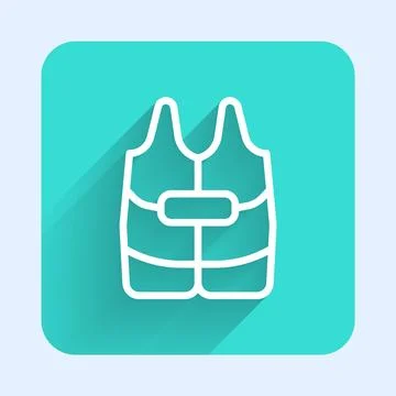 White line Life jacket icon isolated with long shadow background. Life vest.. Stock Illustration
