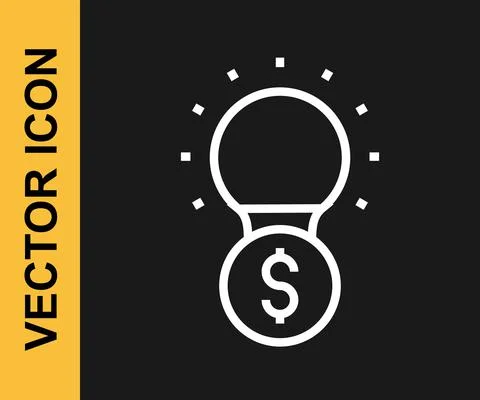 White line Light bulb with dollar symbol icon isolated on black background Stock Illustration