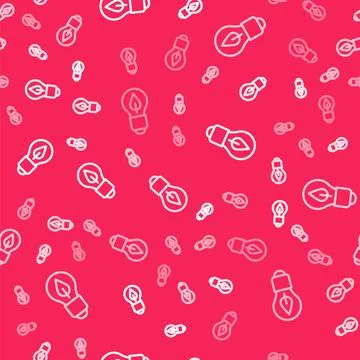 White line Light bulb with leaf icon isolated seamless pattern on red backgro 스톡 일러스트