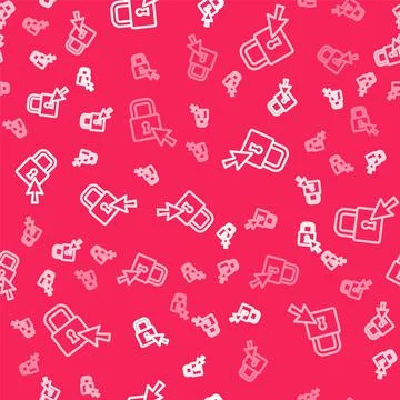 White line Lock icon isolated seamless pattern on red background. Padlock sign Stock Illustration