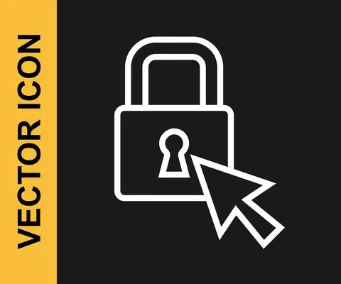 White line Lock icon isolated on black background. Padlock sign. Security Illustrazione stock