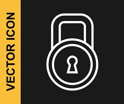 White line Lock icon isolated on black background. Padlock sign. Security, sa Illustrazione stock