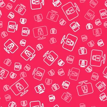White line Lock icon isolated seamless pattern on red background. Padlock sign Illustrazione stock