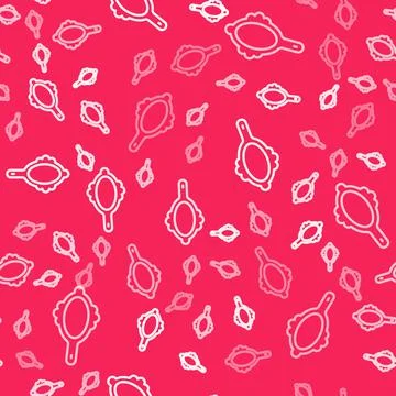 White line Magic hand mirror icon isolated seamless pattern on red background Illustrazione stock