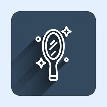 White line Magic hand mirror icon isolated with long shadow background. Blu.. Illustrazione stock