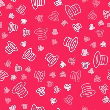 White line Magic hat icon isolated seamless pattern on red background. Magic Illustrazione stock