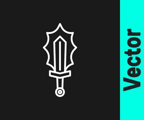 White line Magic sword in fire icon isolated on black background. Fiery sword Stock Illustration