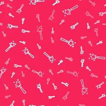 White line Magic wand icon isolated seamless pattern on red background. Sta.. Illustrazione stock