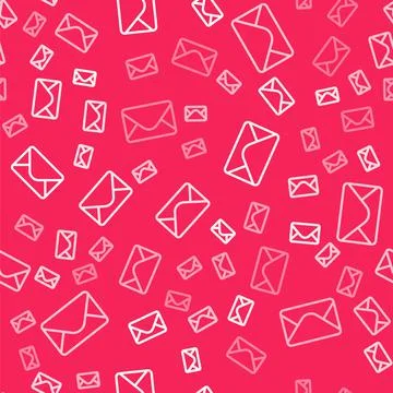 White line Mail and e-mail icon isolated seamless pattern on red background Stock Illustration