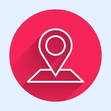 White line Map pin icon isolated with long shadow. Navigation, pointer, location Stock Illustration