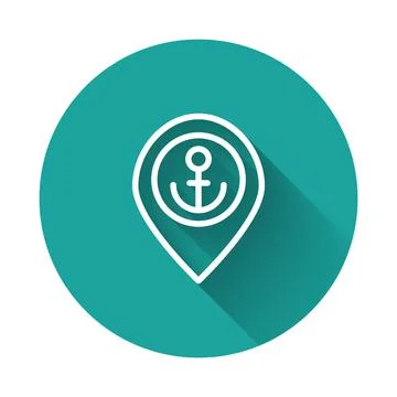 White line Map pointer with anchor icon isolated with long shadow background Stock Illustration