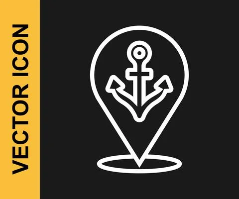 White line Map pointer with anchor icon isolated on black background. Vector Stock Illustration