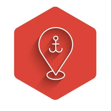 White line Map pointer with anchor icon isolated with long shadow. Red hexago 库存插图