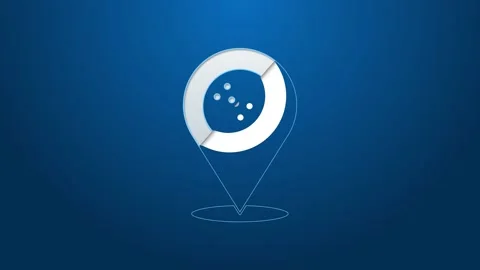 White line Map pointer with bowling ball icon isolated on blue background. Sport 스톡 동영상 148444331