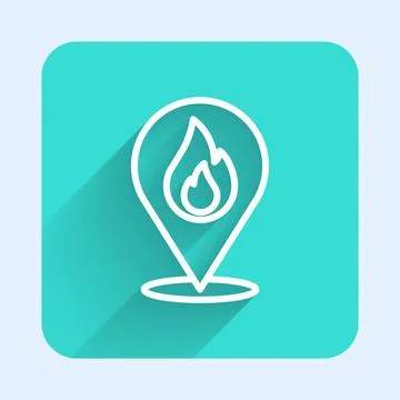 White line Map pointer with fire flame icon isolated with long shadow. Fire イラスト素材