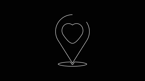 White line Map pointer with heart icon isolated on black background. Valentines Stock Footage 167597749
