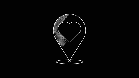 White line Map pointer with heart icon isolated on black background. Valentines Stock Footage 203401316
