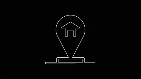 White line Map pointer with house icon isolated on black background. Home Stock Footage 167604483