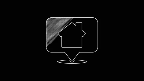 White line Map pointer with house icon isolated on black background. Home Video stock 203330467