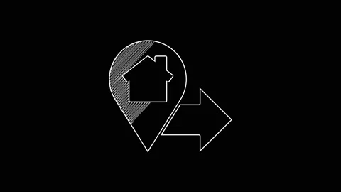 White line Map pointer with house icon isolated on black background. Home 스톡 동영상 203342154