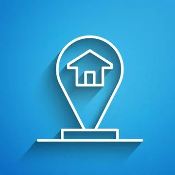 White line Map pointer with house icon isolated on blue background. Home lo.. Stock Illustration