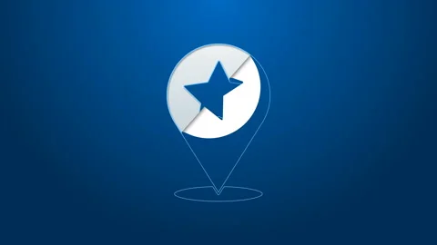 White line Map pointer with star icon isolated on blue background. Star favorite Stock Footage 144138675