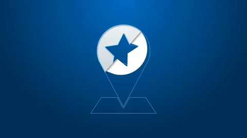 White line Map pointer with star icon isolated on blue background. Star favorite Stock Footage 144151827