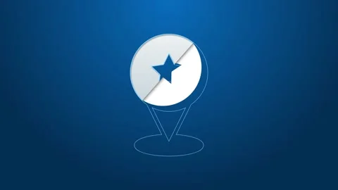 White line Map pointer with star icon isolated on blue background. Star favorite Stock Footage 154103432