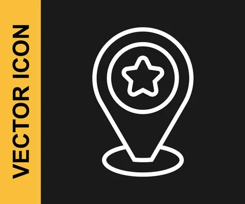 White line Map pointer with star icon isolated on black background. Star Illustrazione stock