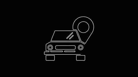 White line Map pointer with taxi icon isolated on black background. Location Stock Footage 161985485