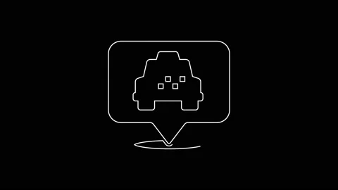 White line Map pointer with taxi icon isolated on black background. Location Stock Footage 167597341