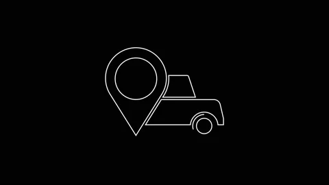 White line Map pointer with taxi icon isolated on black background. Location Stock Footage 167597386