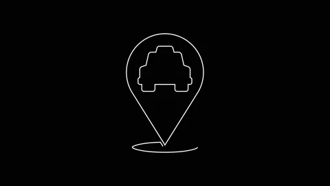 White line Map pointer with taxi icon isolated on black background. Location Stock Footage 167597412