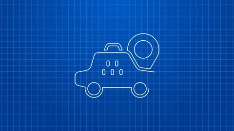 White line Map pointer with taxi car icon isolated on blue background. Location Video stock 169315406