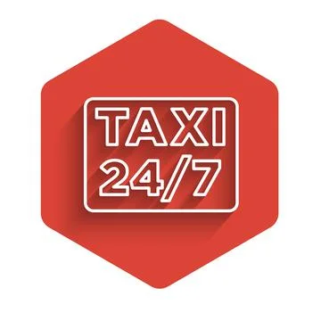White line Map pointer with taxi icon isolated with long shadow. Location symbol Stock Illustration