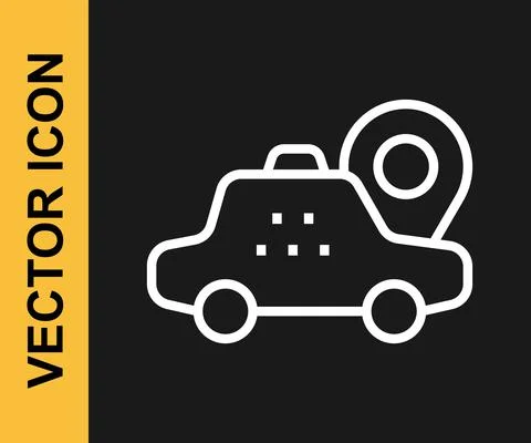 White line Map pointer with taxi car icon isolated on black background. Location Stock Illustration