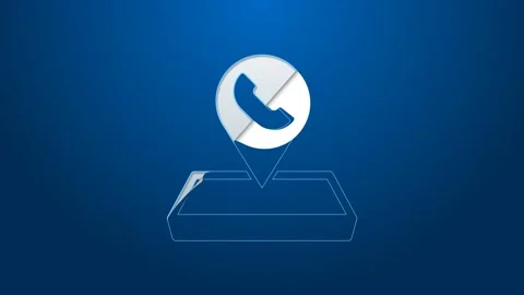 White line Map pointer with telephone or communication icon isolated on blue Stock Footage 168140441
