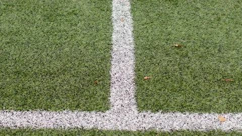 White line marking on the green grass of the court, the playing area and the out Stock Footage 294768452