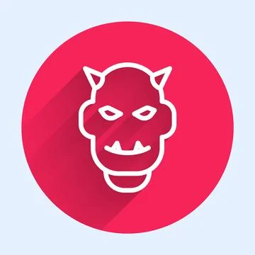 White line Mask of the devil with horns icon isolated with long shadow. Red Stock Illustration