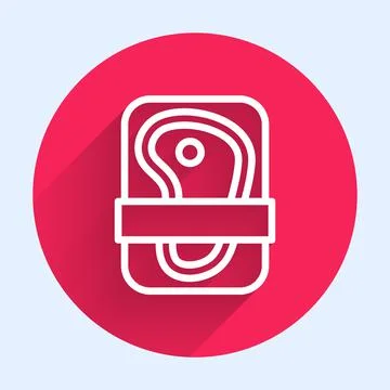White line Meat packaging steak icon isolated with long shadow. Fresh meat beef Stock Illustration
