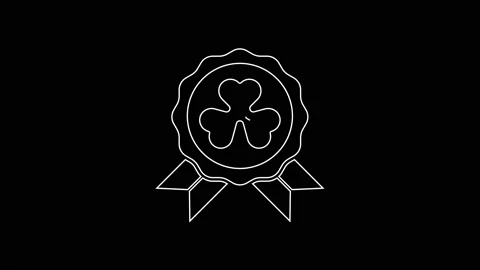 White line Medal with four leaf clover icon isolated on black background. Happy Stock Footage 161981248