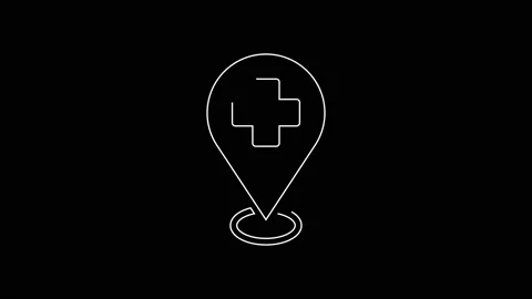 White line Medical map pointer with cross hospital icon isolated on black Stock Footage 142976114