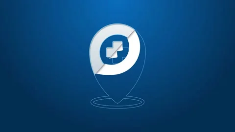 White line Medical map pointer with cross hospital icon isolated on blue Stock Footage 154102417