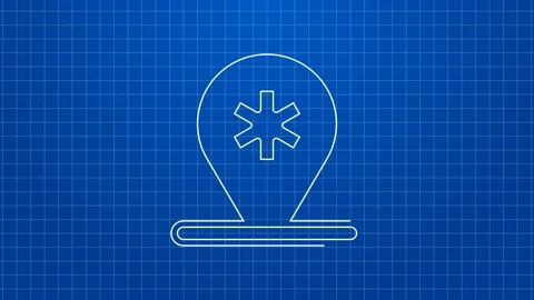 White line Medical map pointer with cross hospital icon isolated on blue Stock Footage 169311857