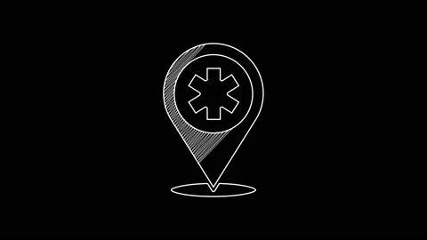 White line Medical map pointer with cross hospital icon isolated on black Video stock 203303900