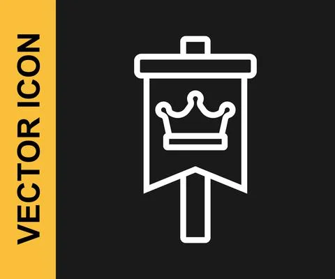 White line Medieval flag icon isolated on black background. Country, state, or Illustrazione stock